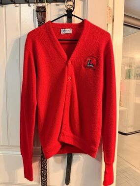 Men’s Classic Red V-Neck Button Cardigan with Subtle Chest Embroidery